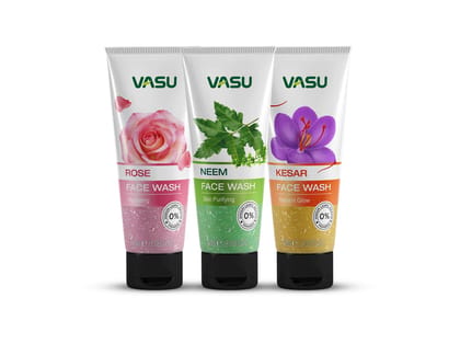Vasu Face Wash Combo Pack of 3 Kesar Radiant Glow, Neem Purifying & Rose Hydrating 60 ml Each Vasu Face Wash Combo Pack of 3 Kesar Radiant Glow, Neem Purifying & Rose Hydrating 60 ml Each