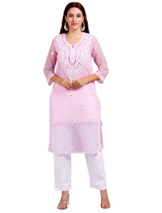 MRS RIGHT CHIKANKARI MIRROR EMBROIDERED PINK KURTI