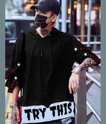 Try This Cotton Blend Oversized Fit Printed 3/4th Sleeves Men's Hooded T-Shirt - Black ( Pack of 1 )