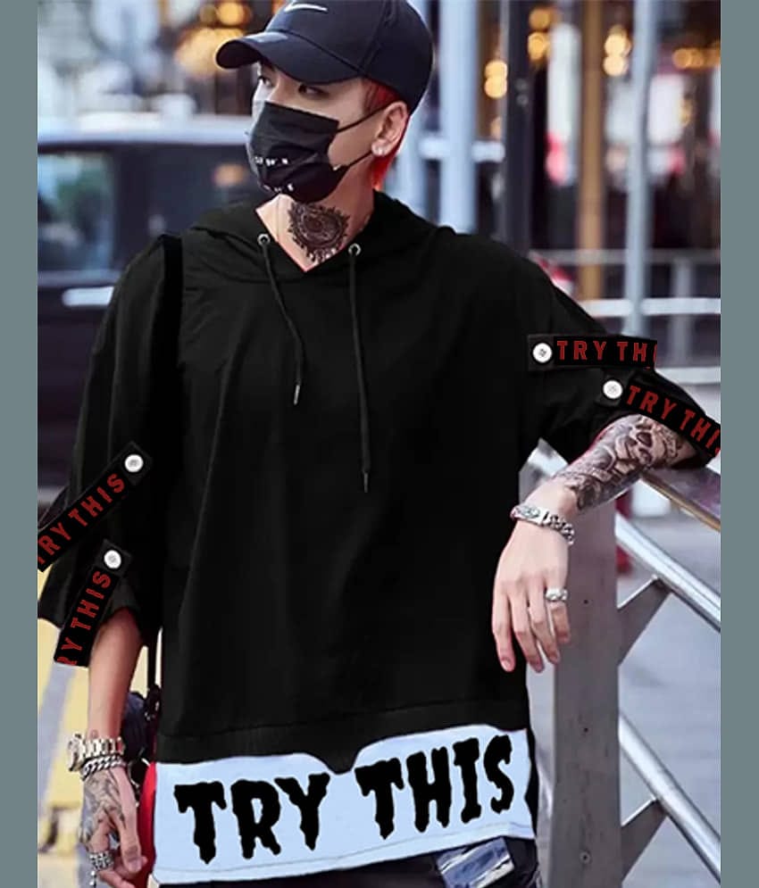 Try This Cotton Blend Oversized Fit Printed 3/4th Sleeves Men's Hooded T-Shirt - Black ( Pack of 1 )