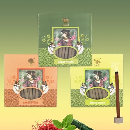 Nandi Panchgavya 100 Percent Cow Dung Dhoop Sticks for Pooja with Stand (Kesar, Tulsi, Lemongrass Fragrance -Pack of 3,150 Sticks)