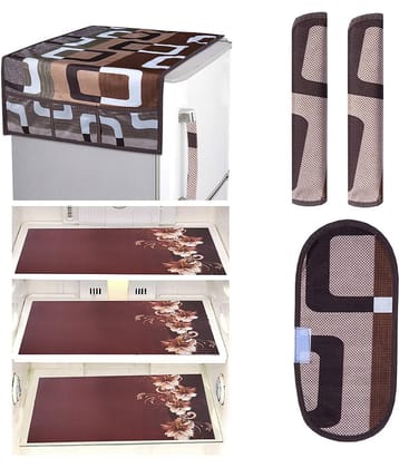 Crosmo Polyester Floral Printed Fridge Mat & Cover ( 64 18 ) Pack of 7 - Brown