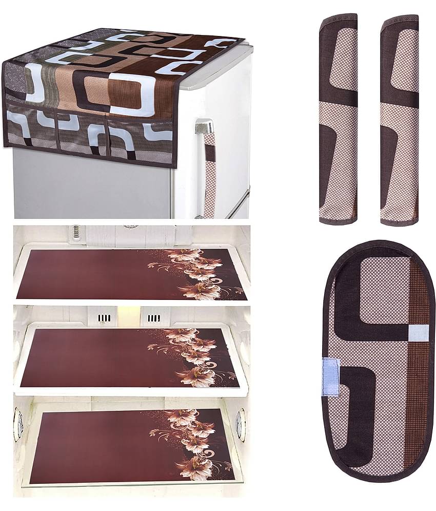 Crosmo Polyester Floral Printed Fridge Mat & Cover ( 64 18 ) Pack of 7 - Brown