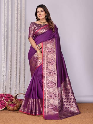 Magenta Banarasi Saree | Soft Silk with Peacock Zari Jacquard Border