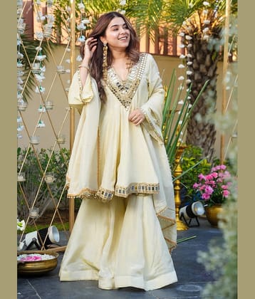 kedar fab Women Silk Embroidered A-line Kurti With Palazzo ( Off White )