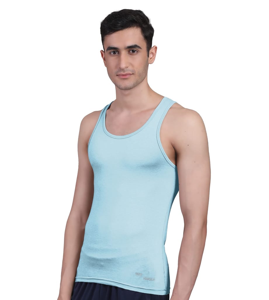 Freecultr Vest for Men | Bamboo Sleeveless, Super Soft Round Neck Gym Comfort Vest | Workout Regular Fit Innerwear | Breathable Sando with Long Hemline Pack of 1-Chalk Blue