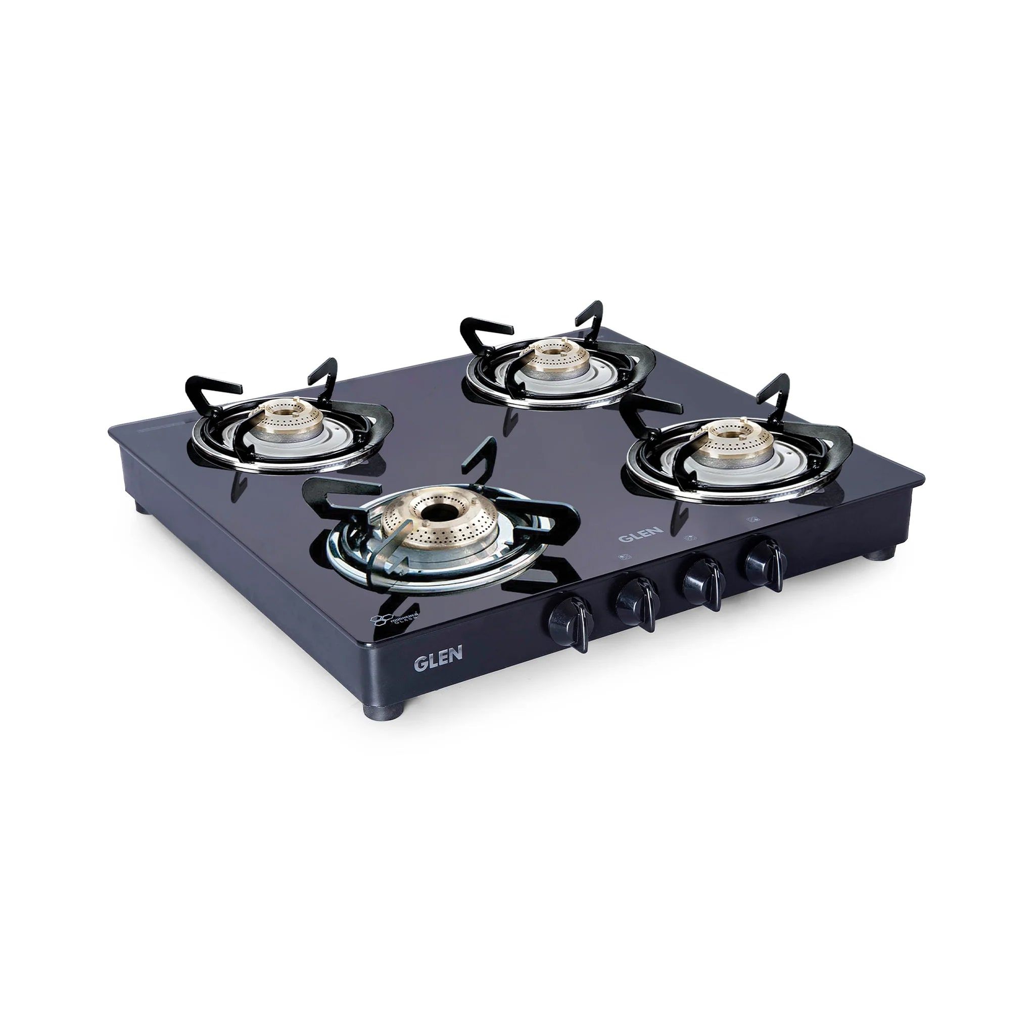 4 Burner Glass Gas Stove 1 High Flame 3 Brass Burners Double Drip Trays Black (CT1043GTHFBBDDBL) - Manual/Auto Ignition