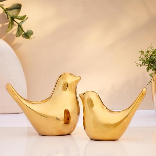 Ceramic Golden Bird Figurine Set with Non-Slip Base, Decorative Bird Statues for Tabletop Shelf Display, Gold