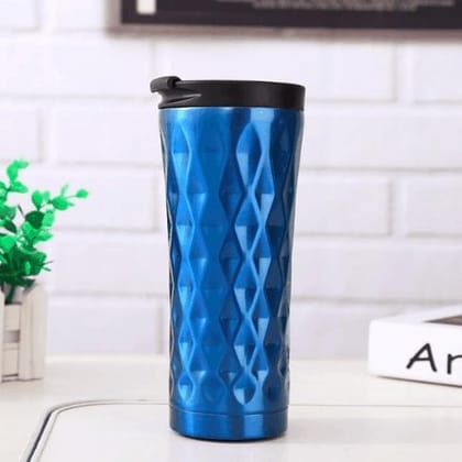 Double Wall Insulated Stainless Steel Diamond Cut Thermos Hot & Cold Tumbler Vacuum Flask 500 ML (Blue)-Blue