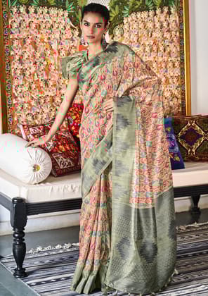 Basil Green Silk Saree With Digital Print
