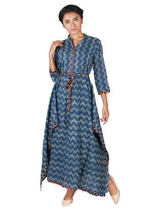 Women's Cotton High Neck, Bagdu Print, Kaftan Style with Belt Kurta (Color:- Indigo Blue)