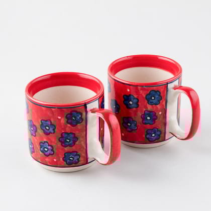 Red Floral Ceramic Coffee Mug - Set of 2 (Small)-3 inches (Upper diameter) x 3.25 inches (Base diameter) x 3.35 inches (Height) / Red / Blue / Ceramic