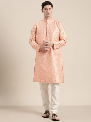 Men's Silk Blend Peach Embroidered Kurta With Cream Churidaar Pyjama-36