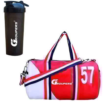 GROUPERS Duffle PU Leather Bag with Shaker Bottle-700mllSports & Travel BaglSports Kitl (Red White)