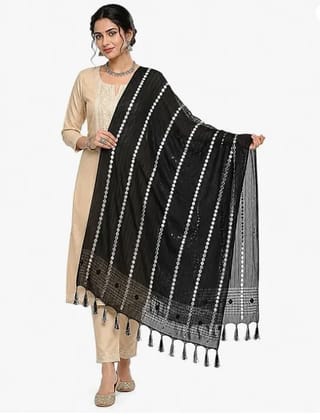 Organza Black Color Dupatta With Mirror Work And Striped Design Adorned With Elegant Tassels For Festive Ensembles And With Graceful Flow And Rich Ethnic Appeal