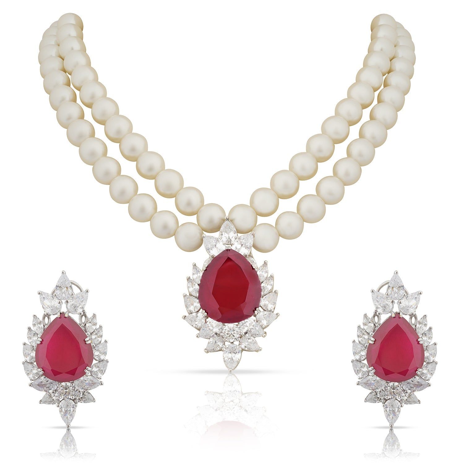 Kaheesha - Pearl & Ruby Stone Necklace Set-Ruby