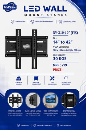 NOVEL NV-210-10 (FIX) LED/LCD/Smart TV Wall Mount Stand for 14 to 42 Inch TVs | VESA 100x100 to 200x200 mm | 30 kg Load Capacity | 25 mm Ultra-Slim Fixed Wall Mount