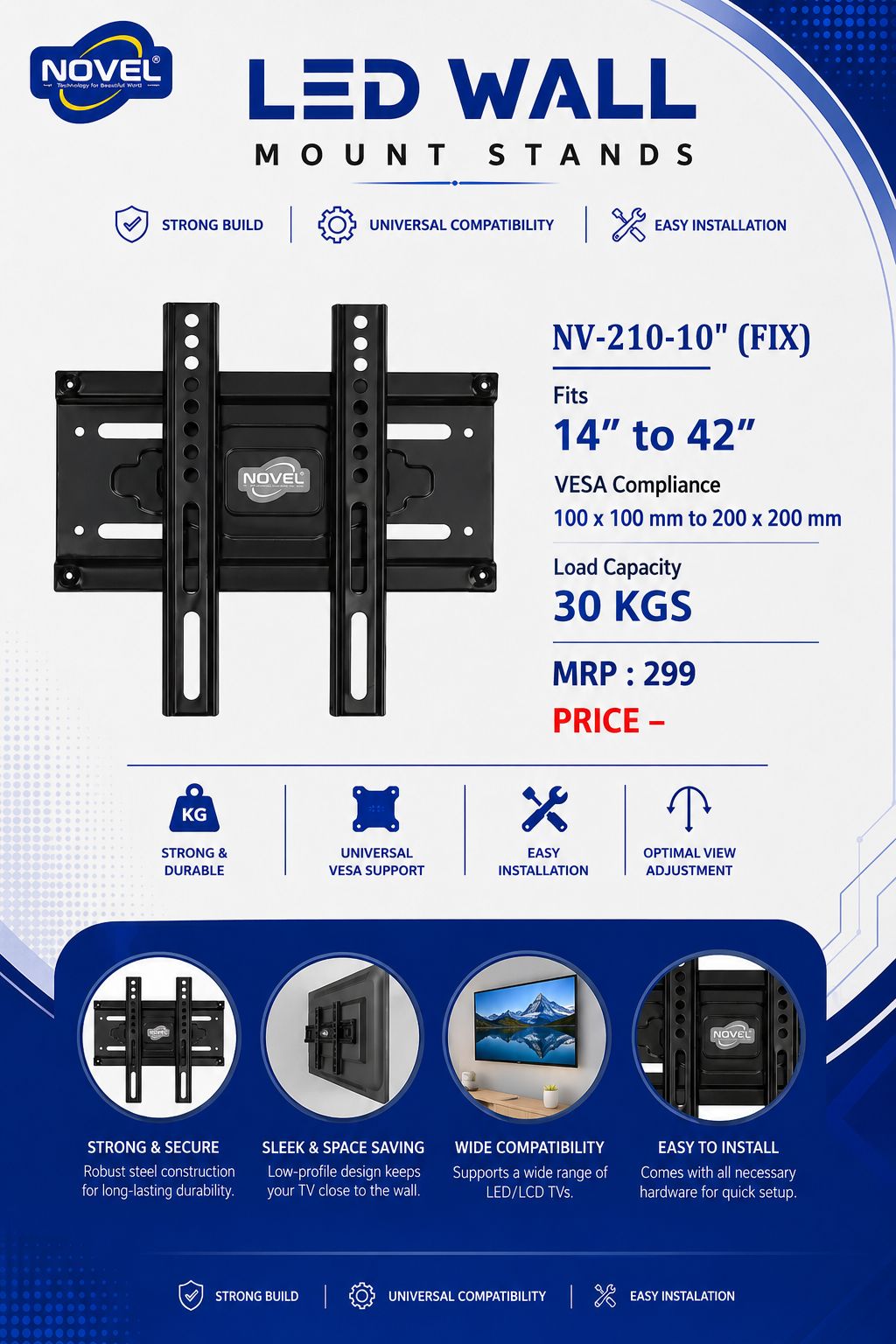NOVEL NV-210-10 (FIX) LED/LCD/Smart TV Wall Mount Stand for 14 to 42 Inch TVs | VESA 100x100 to 200x200 mm | 30 kg Load Capacity | 25 mm Ultra-Slim Fixed Wall Mount