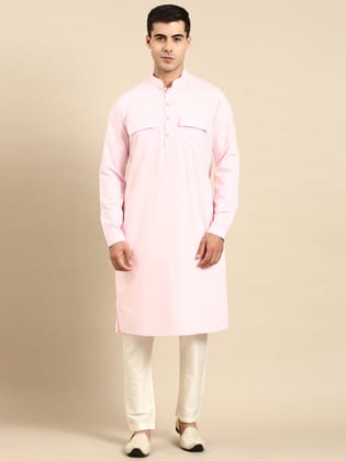 Light Pink Cotton Pathani Kurta Set with Patch pocket-XS/36 / Only Pathani - No Lowers