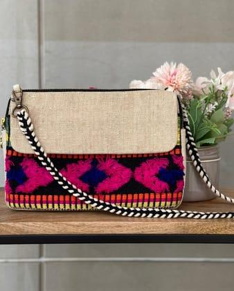 KRI India Raw Distressed Boho 3-way Sling Bag | Jute & Multicoloured  | 10x6 inches  | Wash & Care | 100% Cotton | Handcrafted in India. 100% organic & natural.