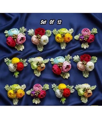 THRIFTKART-12 Pcs Artifical Flower Stylish Brooches multicolor rose-style flowers with decorative leaves and buds
