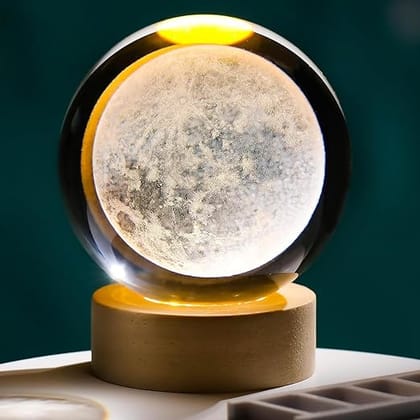 3D Moon Crystal Ball Night Light,2.4 Inch Glass Ball Night LED Lamp with Woodern Base,Decorations Gifts for Men,Women,Kids,Boys,Girls,Teens (Moon)