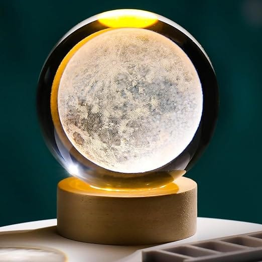 3D Moon Crystal Ball Night Light,2.4 Inch Glass Ball Night LED Lamp with Woodern Base,Decorations Gifts for Men,Women,Kids,Boys,Girls,Teens (Moon)