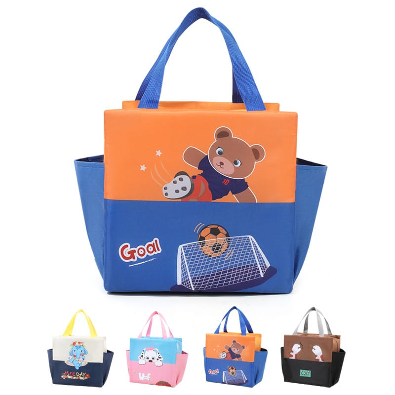 Kids Insulated Lunch Bag, Cute Bear Goal Design, Orange and Blue Random Colour