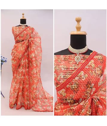 Gullak Organza Printed Saree With Unstitched Blouse Piece ( Orange )