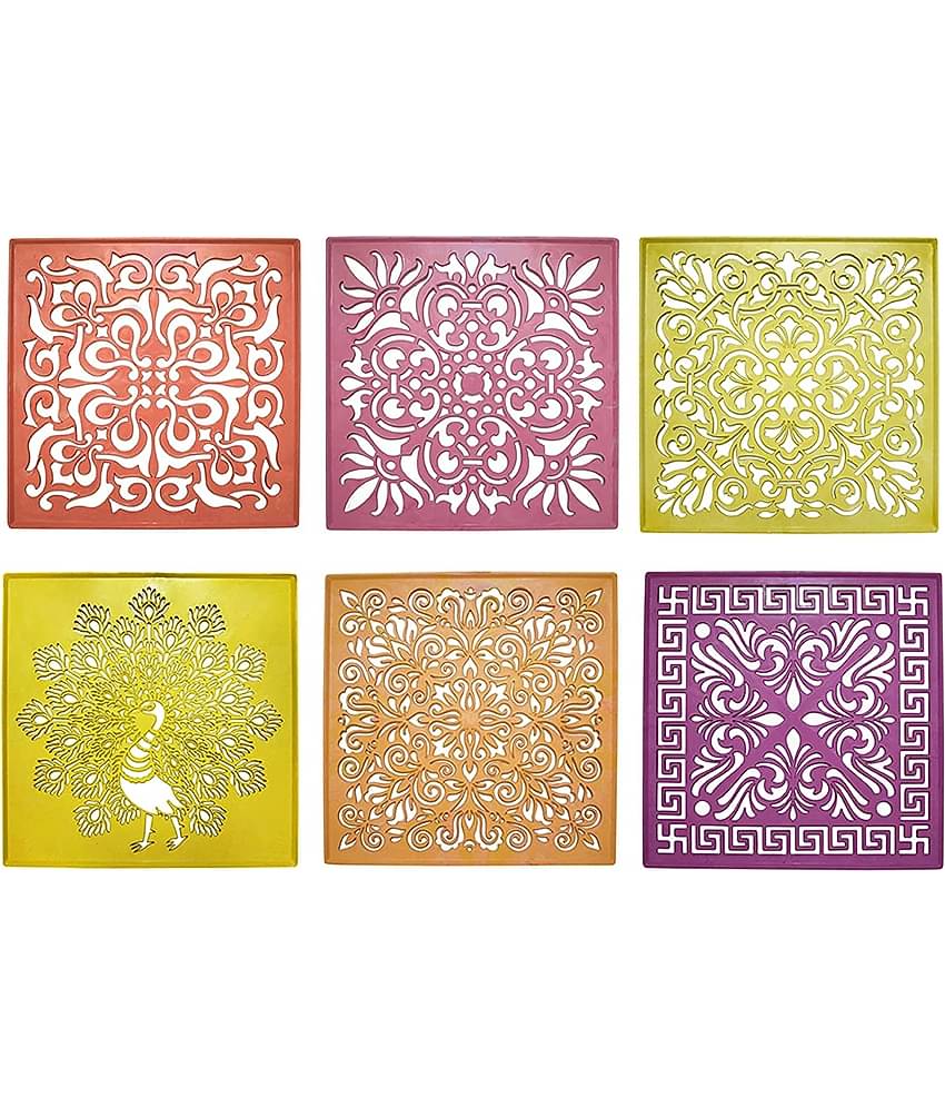 PRANSUNITA Laser Cutted Rangoli Plastic Stencil Tools, Big Size 12 x 12 inch Square, Heavy Duty Reusable Traditional Stencils for Diwali, Pongal, Weddings Decorations, Pack of 6 Different Designs