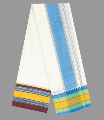 Cream 10 x 6 Cotton Dhoti with Blue And Maroon Border-CD1445-Cream