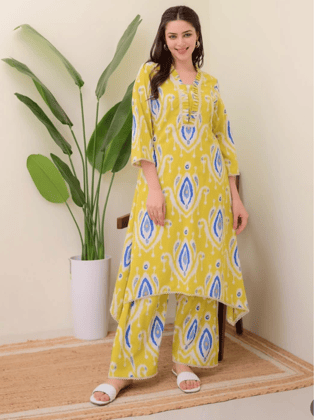 Breezy Ikat Print Kurta Set-M / Yellow