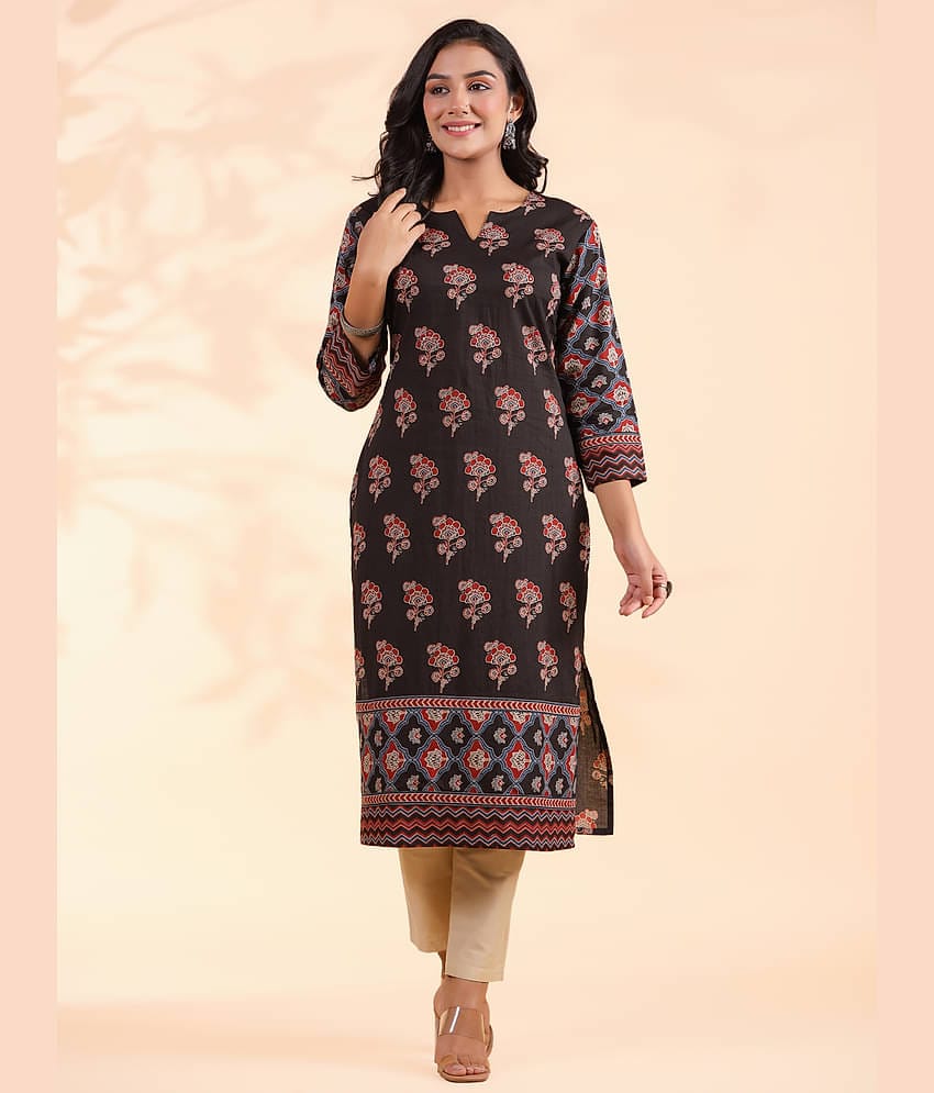 Vbuyz Cotton Printed Straight Women's Kurti - Black ( Pack of 1 )