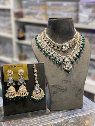 Zevar Kundan Pearl Beaded Choker and Long Combo Necklace in Dark Green - Exquisite Indian Jewelry