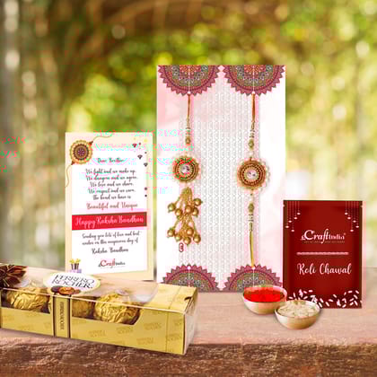 Designer Bhaiya Bhabhi Rakhi with Ferrero Rocher (4 pcs) and Roli Chawal Pack, Best Wishes Greeting Card
