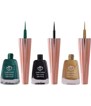 Looks United Metallic Long Lasting Intense Single Stroke Fashion Eyeliner (Metallic Forest Green, Coal Black, Matallic Canary Yellow)Pack Of 3