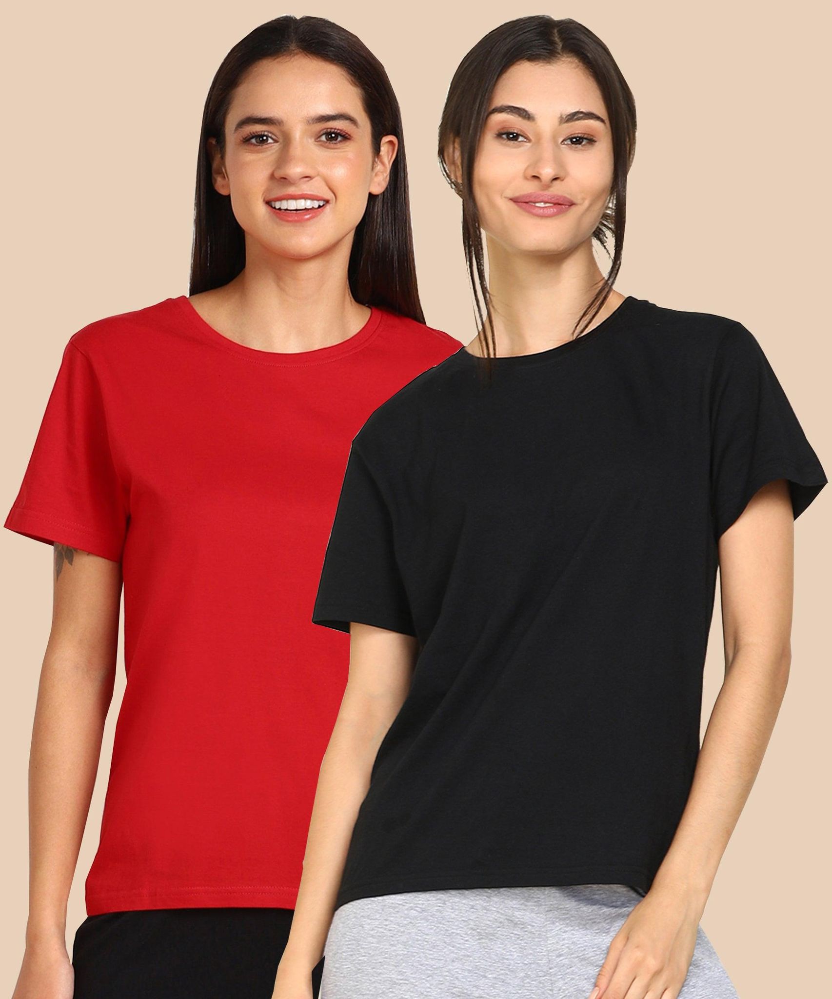 Womens Regular Fit  Combo Solid Tshirt-S / Red Black