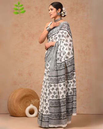 Blockprinted Pure Mul Cotton Dreamy White & Gray Saree