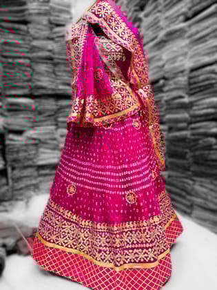 Silk bandhani lehenga choli with gotapatti work-Rani pink