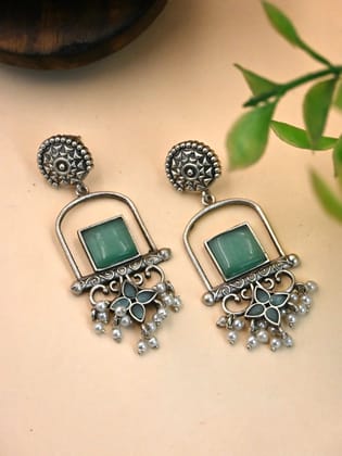 Antique Silver Pearl Dangler Earrings with Elegant Detailing | Sarichka-Mint Blue