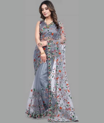 A TO Z CART Net Embroidered Saree With Unstitched Blouse Piece ( Grey )