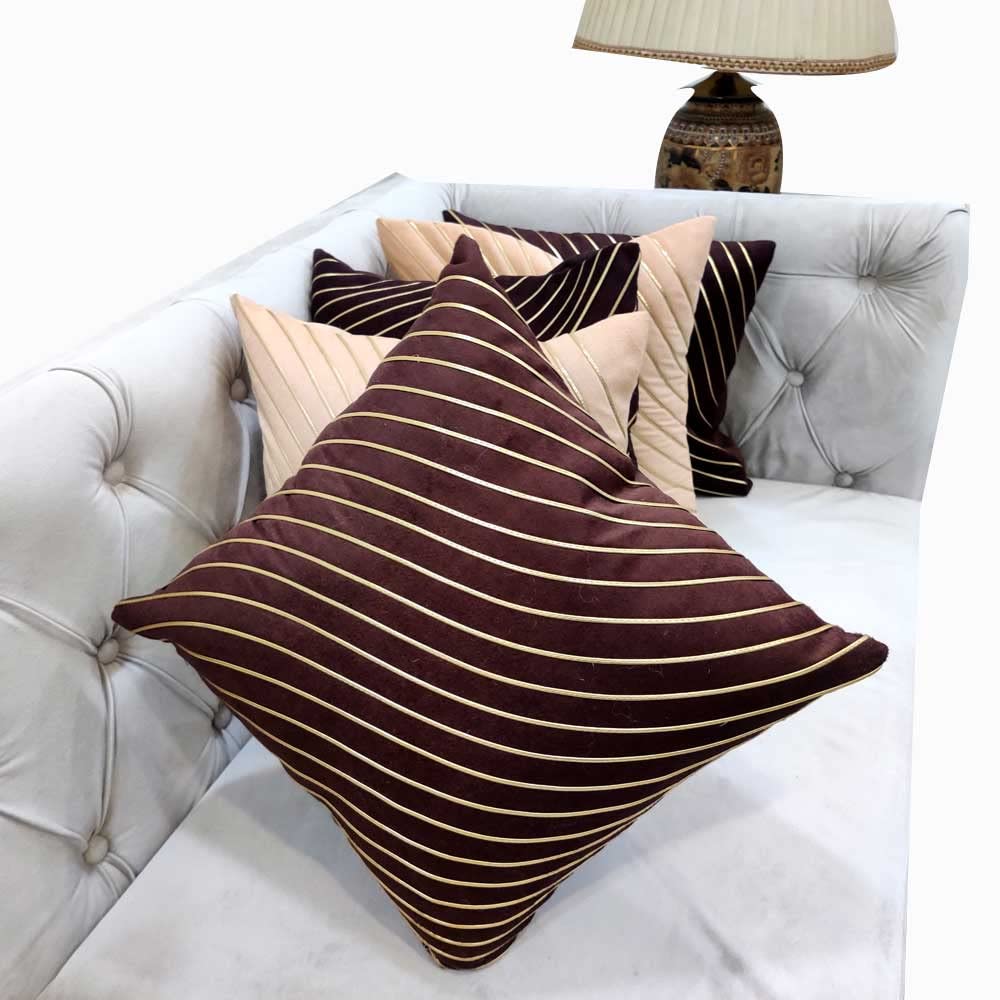 Beige & Brown Striped Set of 5 Ethnic Motifs Embroidered Zipper Square Combo Cushion Covers (16x16 inch or 40 x 40 cm) - Ethnic Shoes | Buy online on ZillyBuy