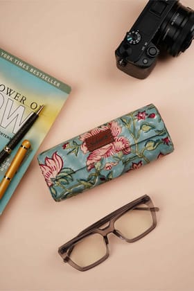 Summer Sorbet Hand Block Printed Aqua Spectacle Case-6.5 X 2.5 X 1.5 IN / Green / Green