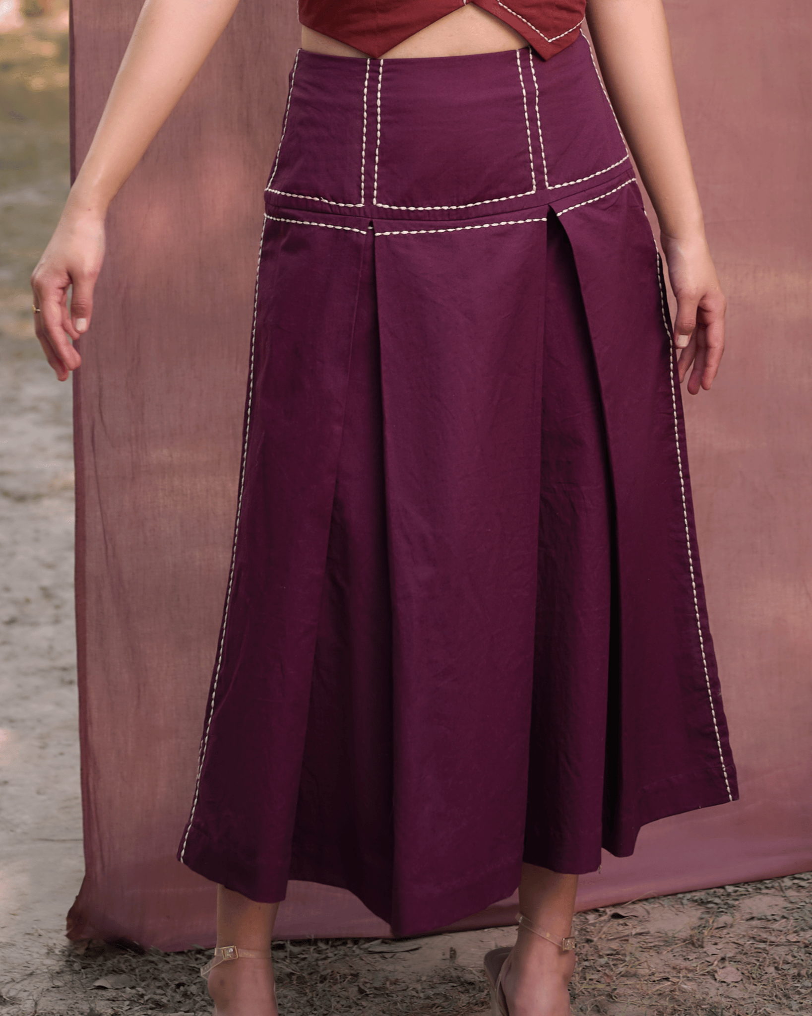 Kantha Embroidered Midi Skirt - Burgundy-XS
