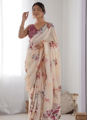 Premium Pure Soft Georgette Saree with Ultra HD Digital Print & Mirror Work Arco Border