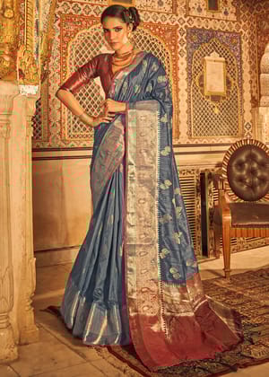 Cloud Grey Banarasi Woven Tusser Silk Saree