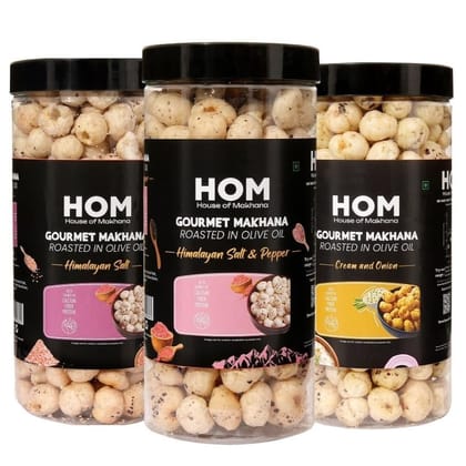 GOURMET MAKHANA Roasted in Olive Oil | Flavors Himalayan Salt & Pepper, Cream & Onion, Himalayan Salt | Combo Of 3, 65g Each. - 195 gm
