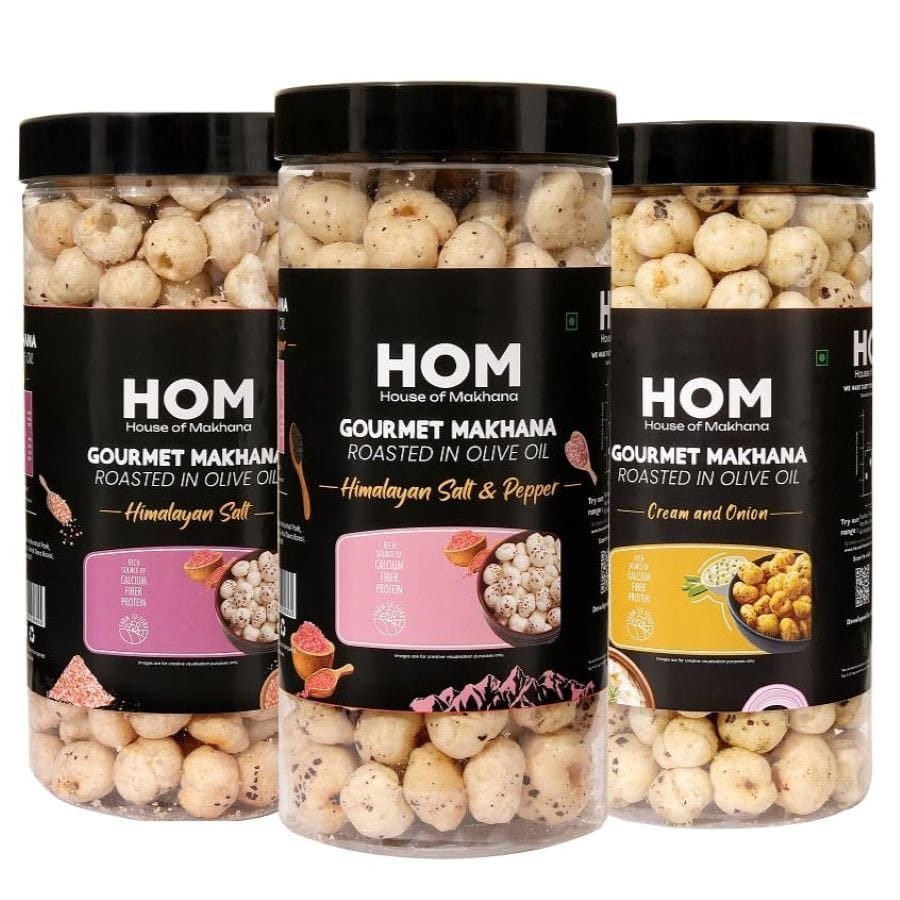 GOURMET MAKHANA Roasted in Olive Oil | Flavors Himalayan Salt & Pepper, Cream & Onion, Himalayan Salt | Combo Of 3, 65g Each. - 195 gm