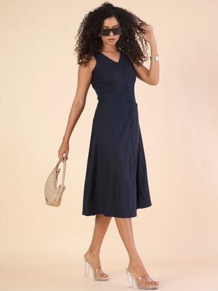 Women Taliored Halter cotton-linen buttoned Stretchable A-line  Navy Midi  Dress-XS