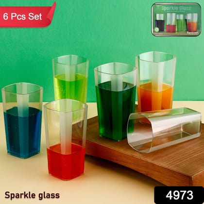 Unbreakable Stylish Transparent Square Design Water / Juice / Beer / Wine Tumbler Plastic Glass Set ( 300 ML, Pack of 6)